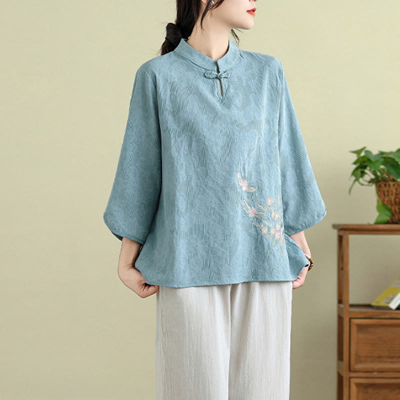 Nimara Ritual Flower Embroidery Three Quarter Sleeve One Frog-Button Mandarin Collar Cotton Women's Shirt
