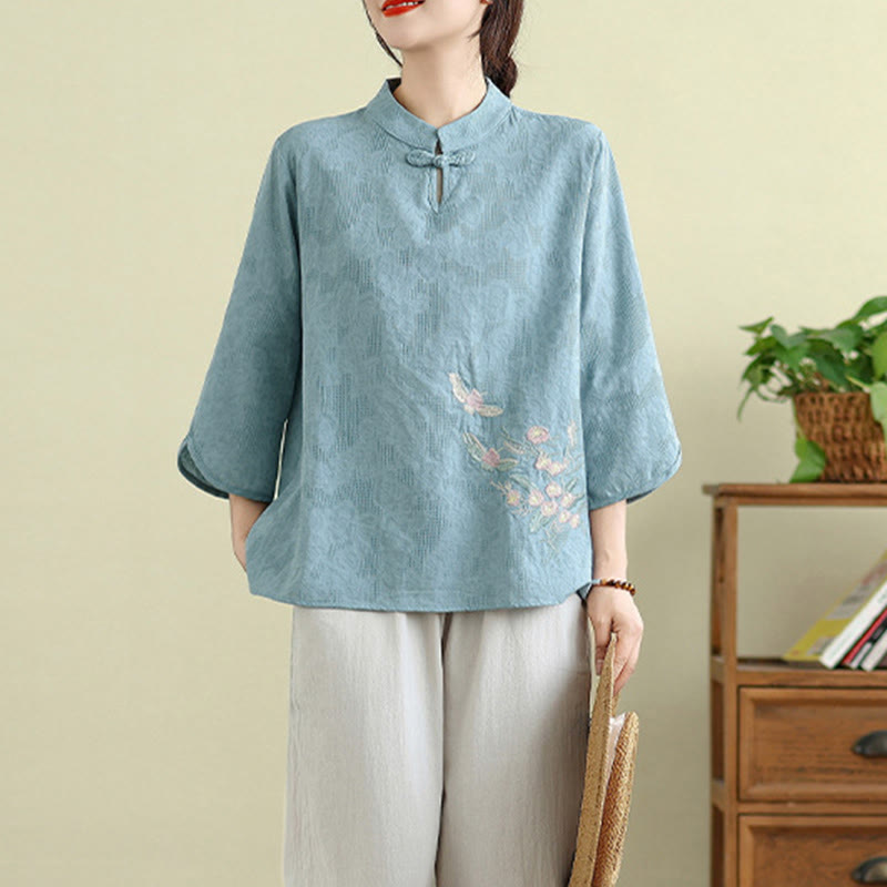 Nimara Ritual Flower Embroidery Three Quarter Sleeve One Frog-Button Mandarin Collar Cotton Women's Shirt