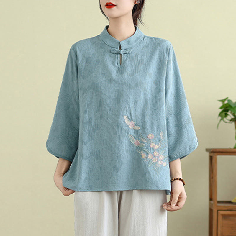 Nimara Ritual Flower Embroidery Three Quarter Sleeve One Frog-Button Mandarin Collar Cotton Women's Shirt