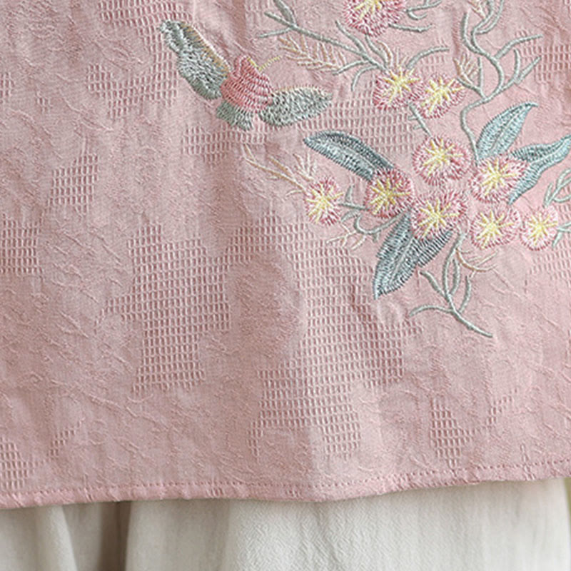 Nimara Ritual Flower Embroidery Three Quarter Sleeve One Frog-Button Mandarin Collar Cotton Women's Shirt