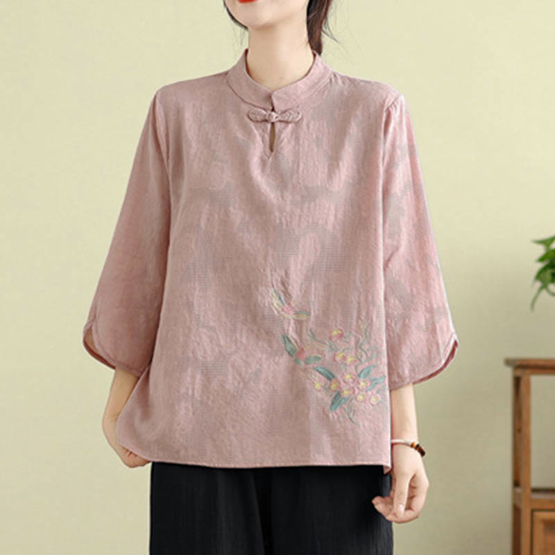 Nimara Ritual Flower Embroidery Three Quarter Sleeve One Frog-Button Mandarin Collar Cotton Women's Shirt