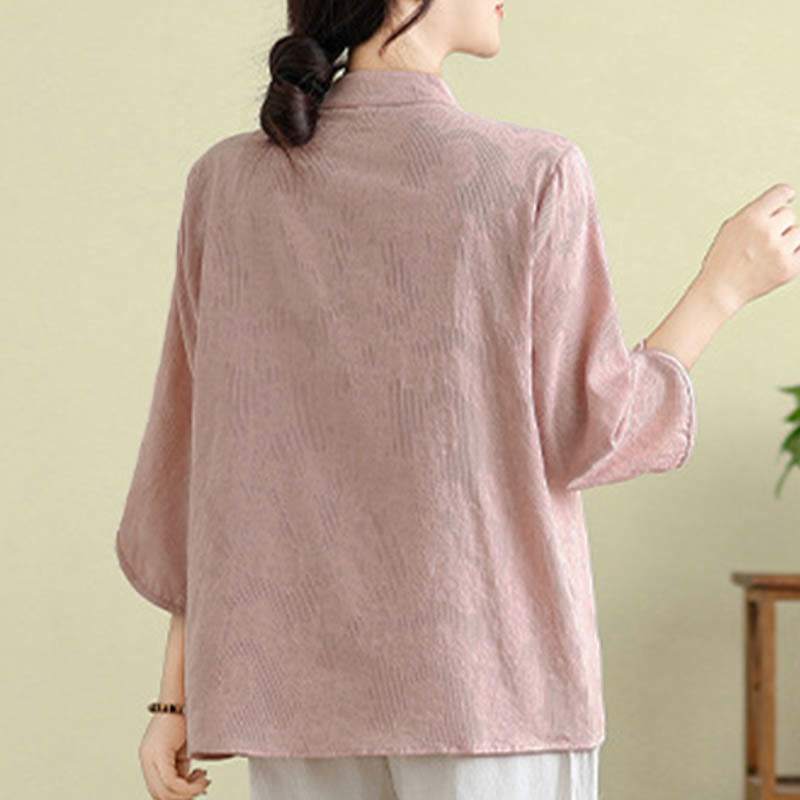 Nimara Ritual Flower Embroidery Three Quarter Sleeve One Frog-Button Mandarin Collar Cotton Women's Shirt