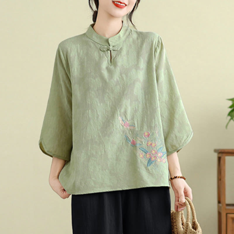 Nimara Ritual Flower Embroidery Three Quarter Sleeve One Frog-Button Mandarin Collar Cotton Women's Shirt