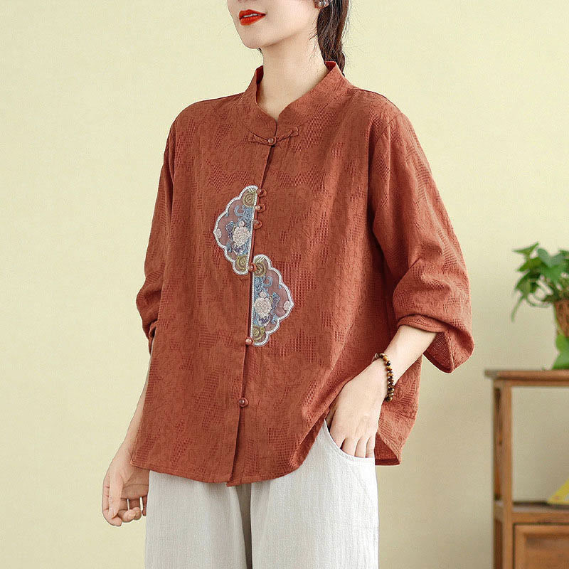 Nimara Ritual Flower Embroidery Jacquard Three Quarter Sleeve Frog-Button Cotton Women's Shirt