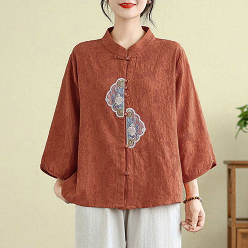 Nimara Ritual Flower Embroidery Jacquard Three Quarter Sleeve Frog-Button Cotton Women's Shirt