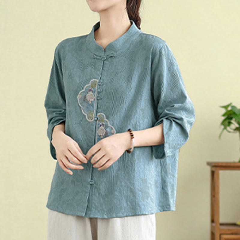 Nimara Ritual Flower Embroidery Jacquard Three Quarter Sleeve Frog-Button Cotton Women's Shirt