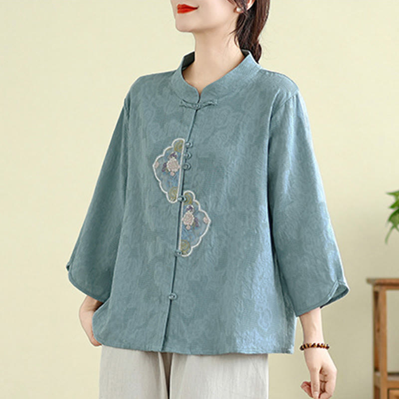 Nimara Ritual Flower Embroidery Jacquard Three Quarter Sleeve Frog-Button Cotton Women's Shirt