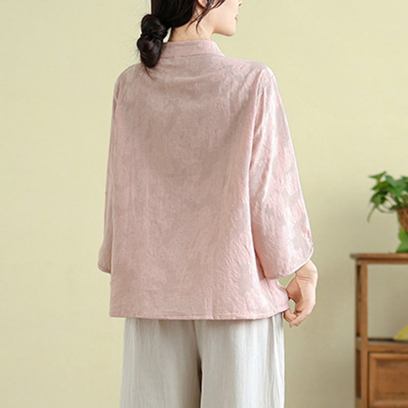 Nimara Ritual Flower Embroidery Jacquard Three Quarter Sleeve Frog-Button Cotton Women's Shirt