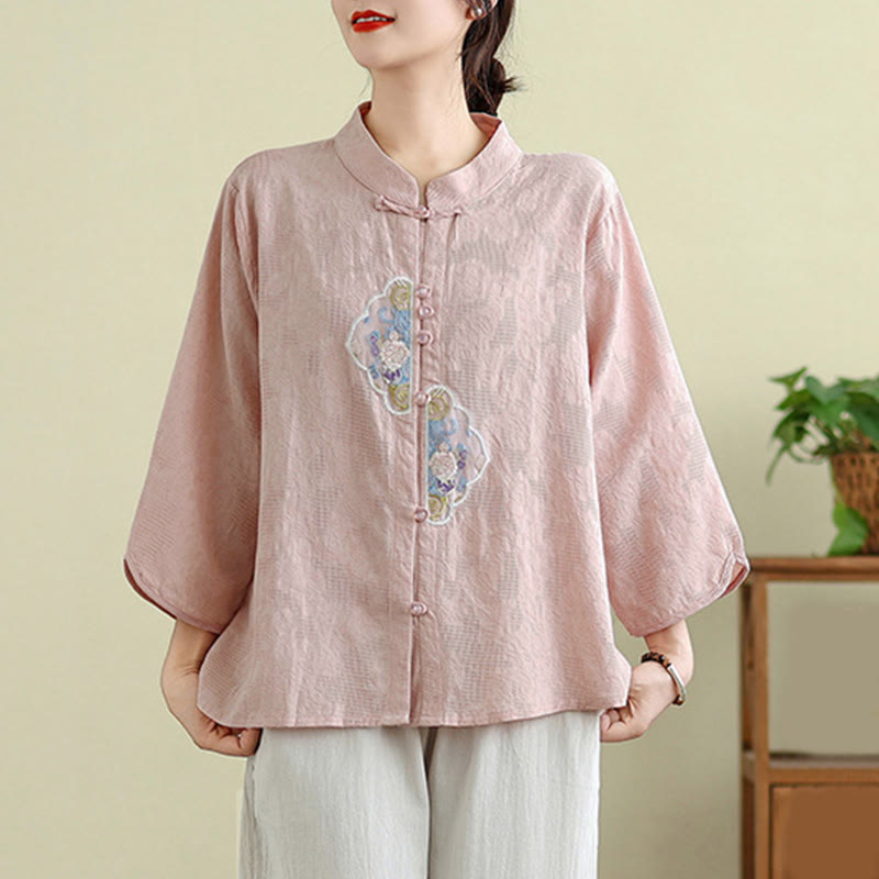 Nimara Ritual Flower Embroidery Jacquard Three Quarter Sleeve Frog-Button Cotton Women's Shirt