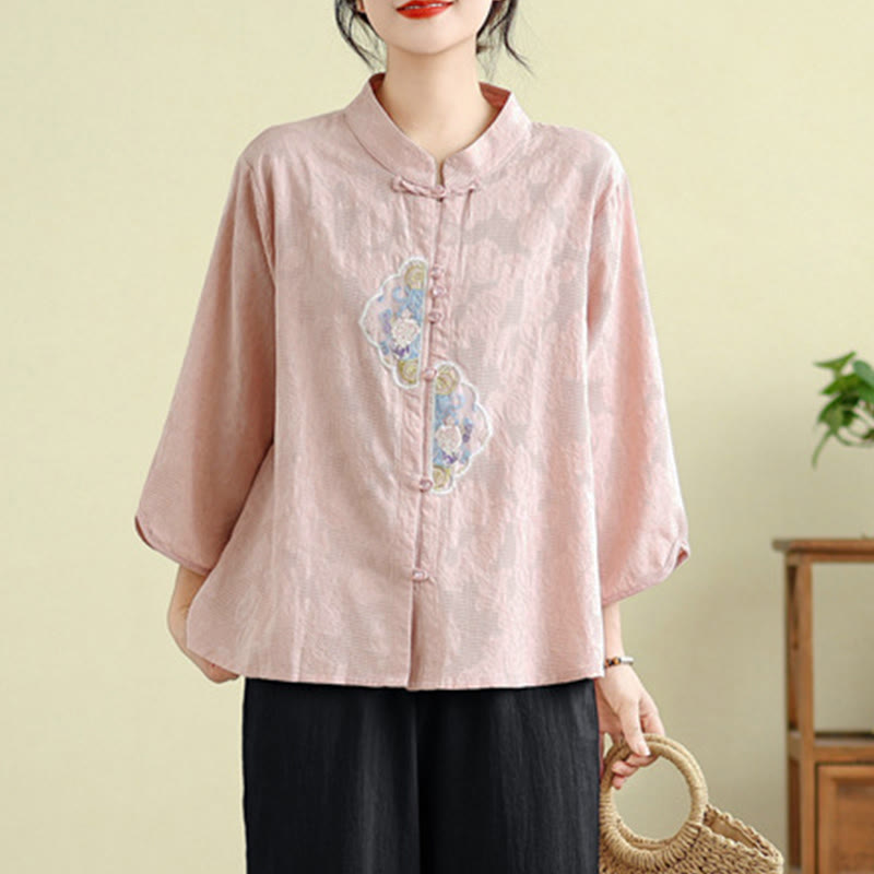 Nimara Ritual Flower Embroidery Jacquard Three Quarter Sleeve Frog-Button Cotton Women's Shirt