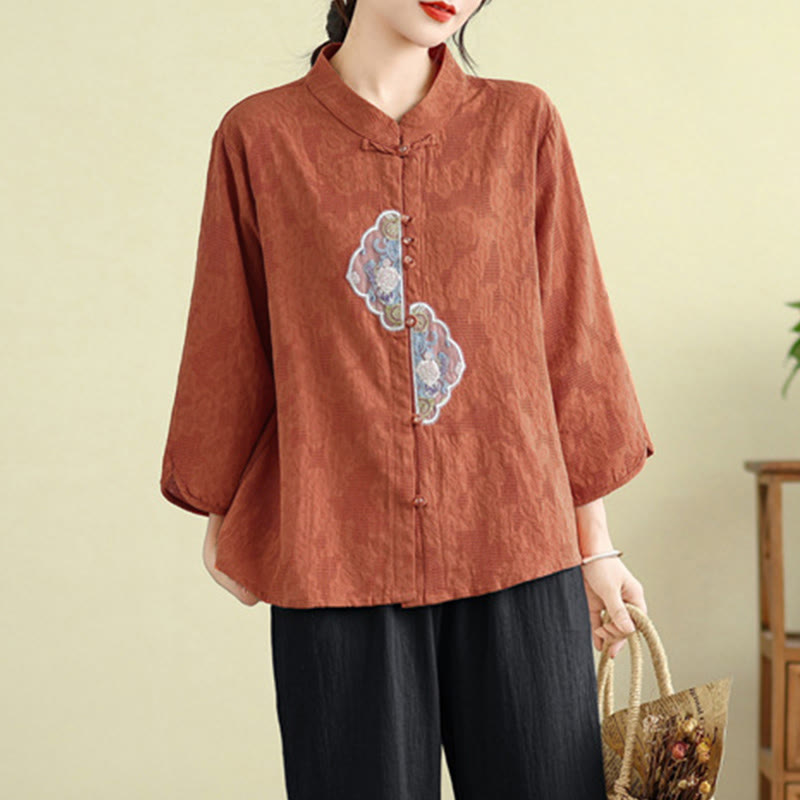 Nimara Ritual Flower Embroidery Jacquard Three Quarter Sleeve Frog-Button Cotton Women's Shirt