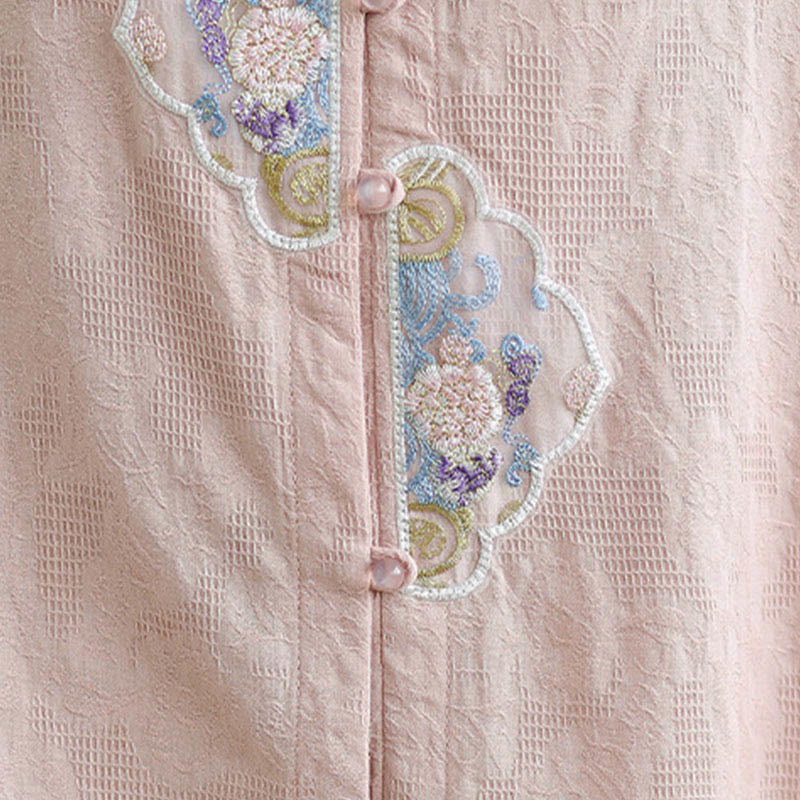 Nimara Ritual Flower Embroidery Jacquard Three Quarter Sleeve Frog-Button Cotton Women's Shirt
