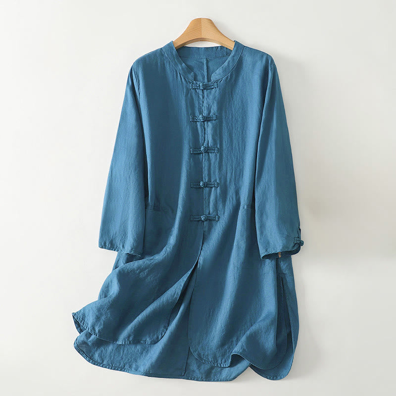 Nimara Ritual Fall Solid Color Frog-Button Stand Collar Three Quarter Sleeve Mid-length Women's Cotton Shirt