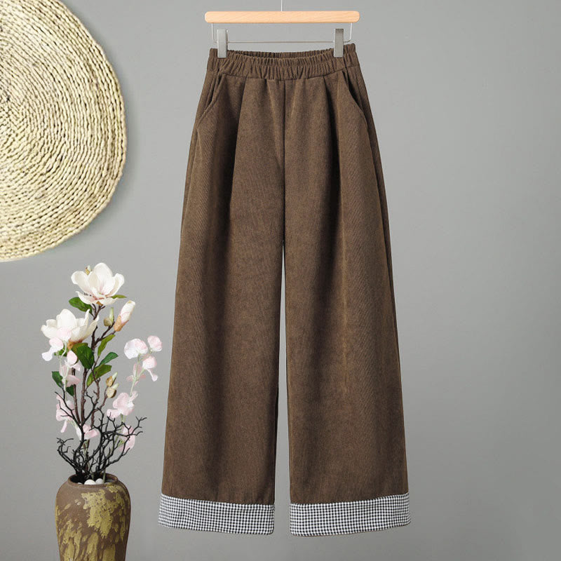 Nimara Ritual Plain Elastic Waist Patchwork Plaid Women's Ankle-Length Wide Leg Corduroy Pants
