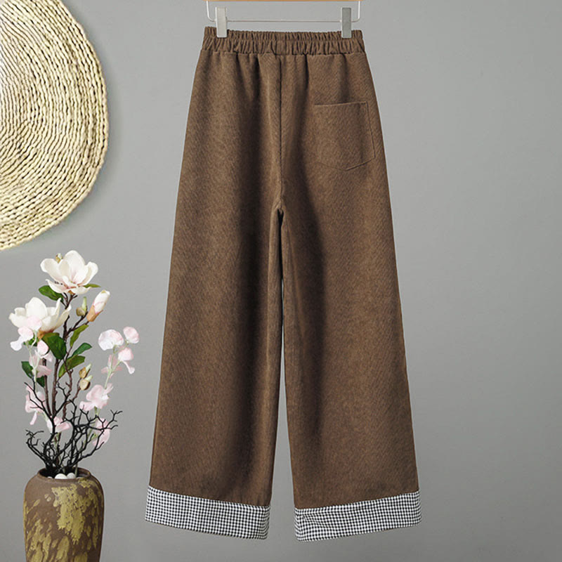 Nimara Ritual Plain Elastic Waist Patchwork Plaid Women's Ankle-Length Wide Leg Corduroy Pants