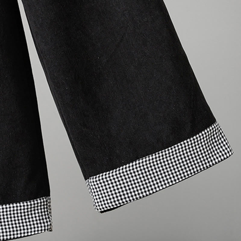 Nimara Ritual Plain Elastic Waist Patchwork Plaid Women's Ankle-Length Wide Leg Corduroy Pants