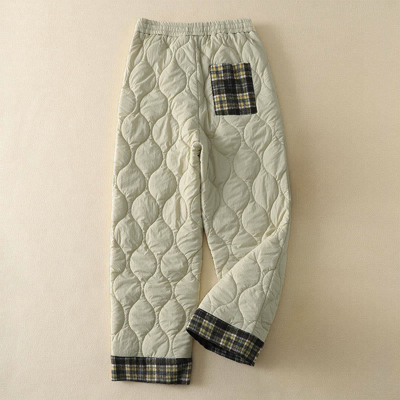Nimara Ritual Winter Curved Lines Elastic Waist Drawstring Patchwork Plaid Cotton Thermal Women's Pants With Pockets