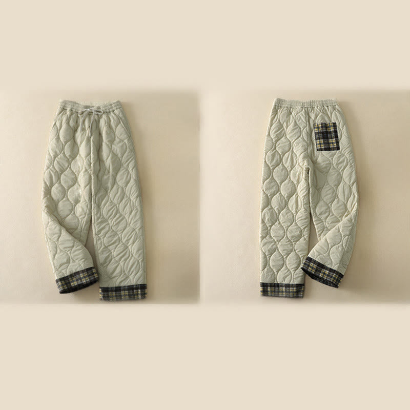 Nimara Ritual Winter Curved Lines Elastic Waist Drawstring Patchwork Plaid Cotton Thermal Women's Pants With Pockets