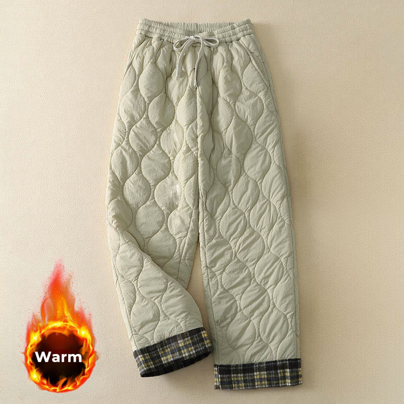 Nimara Ritual Winter Curved Lines Elastic Waist Drawstring Patchwork Plaid Cotton Thermal Women's Pants With Pockets