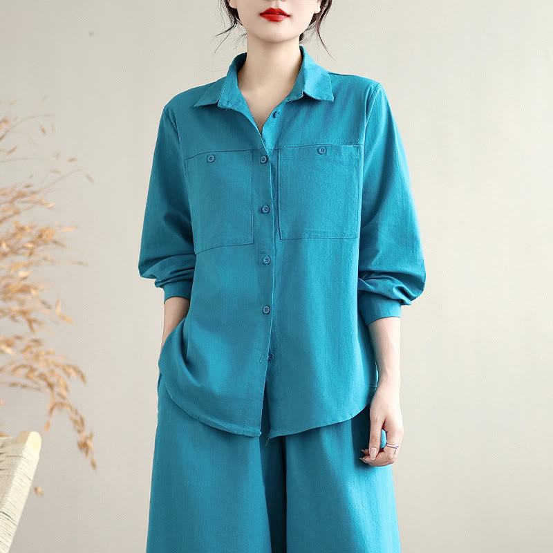 Nimara Ritual 2Pcs Fall Solid Color Cotton Buttons Down Long Sleeve Shirt Ankle-Length Wide Leg Pants Women's Set With Pockets
