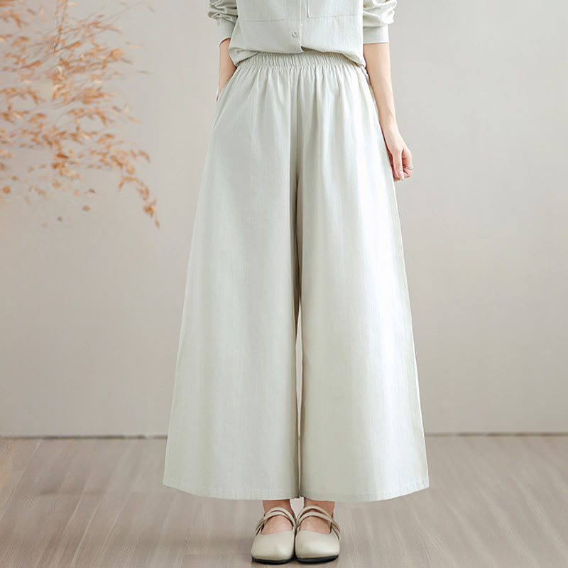 Nimara Ritual 2Pcs Fall Solid Color Cotton Buttons Down Long Sleeve Shirt Ankle-Length Wide Leg Pants Women's Set With Pockets