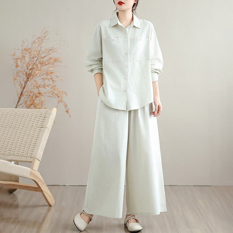 Nimara Ritual 2Pcs Fall Solid Color Cotton Buttons Down Long Sleeve Shirt Ankle-Length Wide Leg Pants Women's Set With Pockets