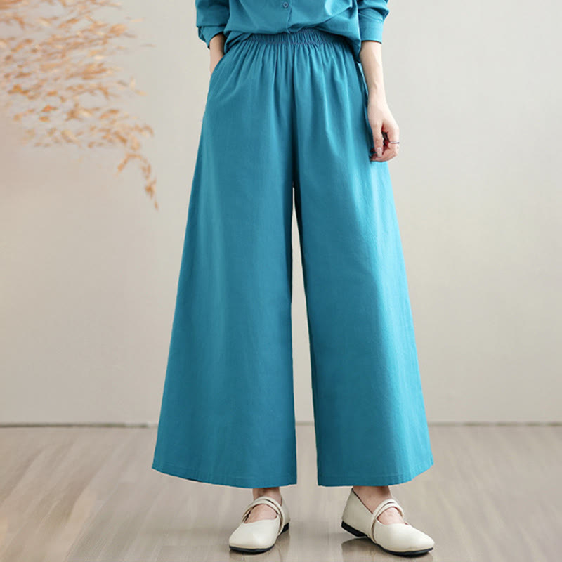 Nimara Ritual 2Pcs Fall Solid Color Cotton Buttons Down Long Sleeve Shirt Ankle-Length Wide Leg Pants Women's Set With Pockets