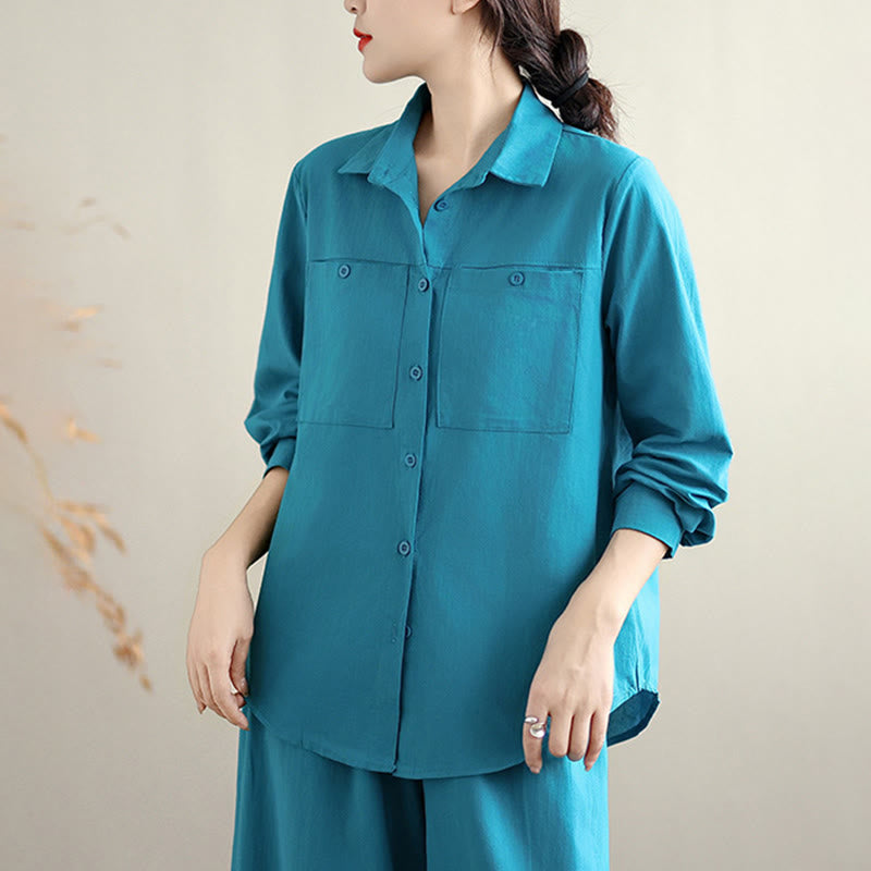 Nimara Ritual 2Pcs Fall Solid Color Cotton Buttons Down Long Sleeve Shirt Ankle-Length Wide Leg Pants Women's Set With Pockets