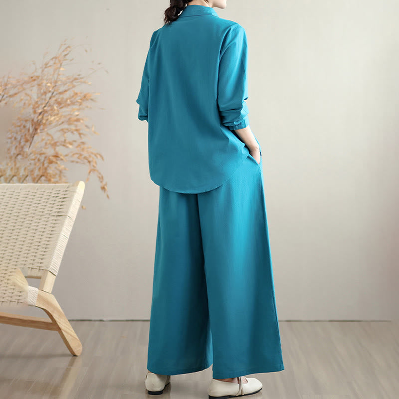 Nimara Ritual 2Pcs Fall Solid Color Cotton Buttons Down Long Sleeve Shirt Ankle-Length Wide Leg Pants Women's Set With Pockets
