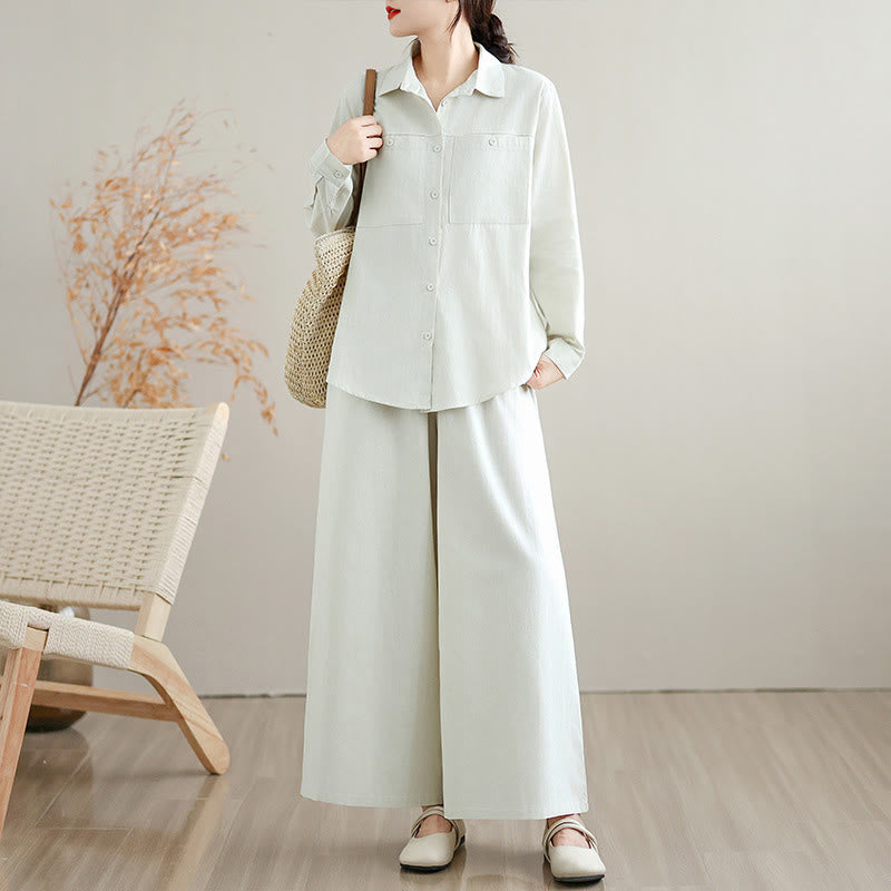Nimara Ritual 2Pcs Fall Solid Color Cotton Buttons Down Long Sleeve Shirt Ankle-Length Wide Leg Pants Women's Set With Pockets
