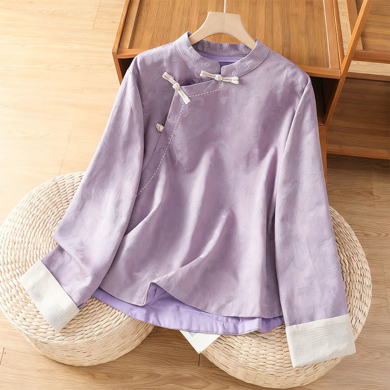 Nimara Ritual Fall Jacquard Floral Print Frog-Button Stand Collar Long Sleeve Women's Cotton Shirt