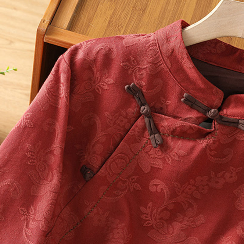 Nimara Ritual Fall Jacquard Floral Print Frog-Button Stand Collar Long Sleeve Women's Cotton Shirt