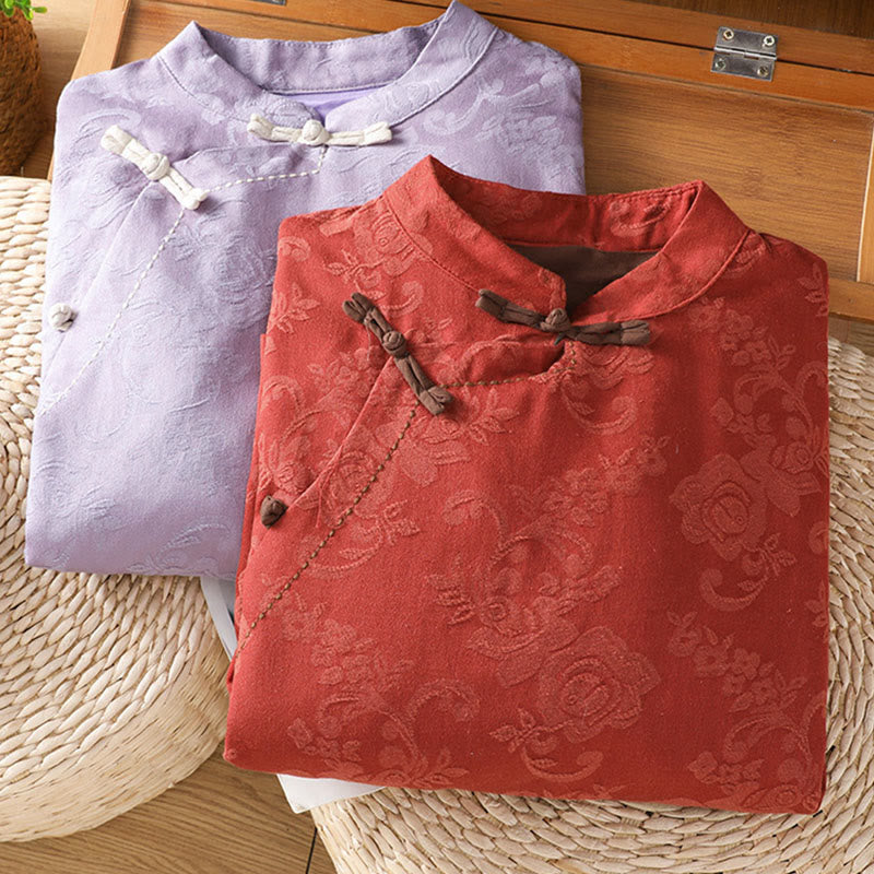 Nimara Ritual Fall Jacquard Floral Print Frog-Button Stand Collar Long Sleeve Women's Cotton Shirt