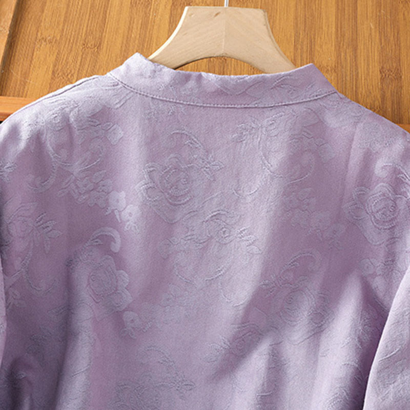 Nimara Ritual Fall Jacquard Floral Print Frog-Button Stand Collar Long Sleeve Women's Cotton Shirt