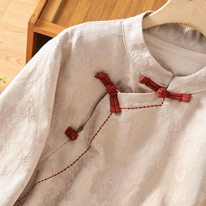 Nimara Ritual Fall Jacquard Floral Print Frog-Button Stand Collar Long Sleeve Women's Cotton Shirt