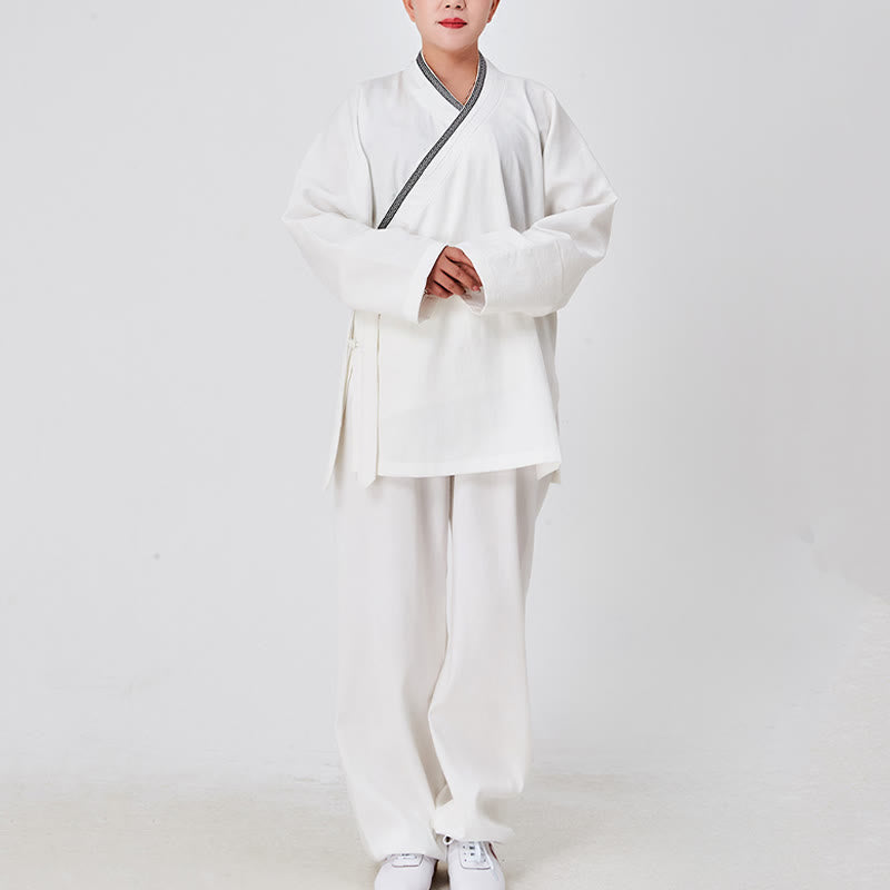 Nimara Ritual 2Pcs Wudang Fall Solid Frog-Button Long Sleeve Linen Unisex Taoist Robe Kimono Pants Qigong Ceremony Suit