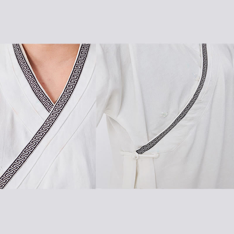 Nimara Ritual 2Pcs Wudang Fall Solid Frog-Button Long Sleeve Linen Unisex Taoist Robe Kimono Pants Qigong Ceremony Suit