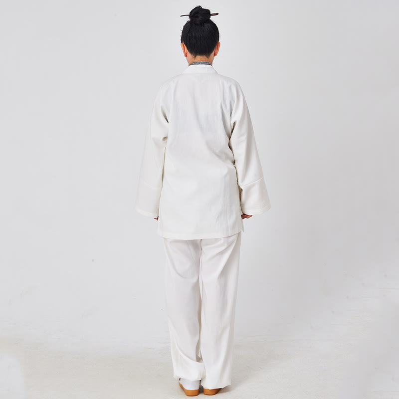 Nimara Ritual 2Pcs Wudang Fall Solid Frog-Button Long Sleeve Linen Unisex Taoist Robe Kimono Pants Qigong Ceremony Suit