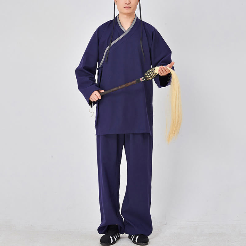 Nimara Ritual 2Pcs Wudang Fall Solid Frog-Button Long Sleeve Linen Unisex Taoist Robe Kimono Pants Qigong Ceremony Suit
