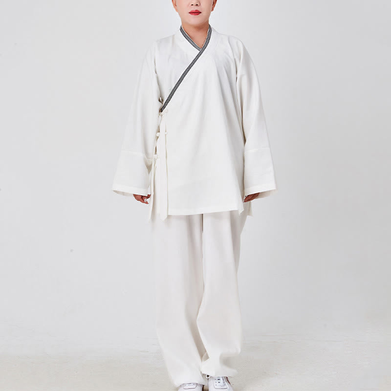 Nimara Ritual 2Pcs Wudang Fall Solid Frog-Button Long Sleeve Linen Unisex Taoist Robe Kimono Pants Qigong Ceremony Suit