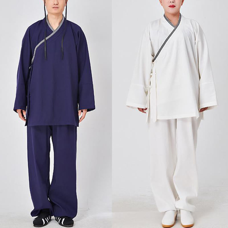 Nimara Ritual 2Pcs Wudang Fall Solid Frog-Button Long Sleeve Linen Unisex Taoist Robe Kimono Pants Qigong Ceremony Suit