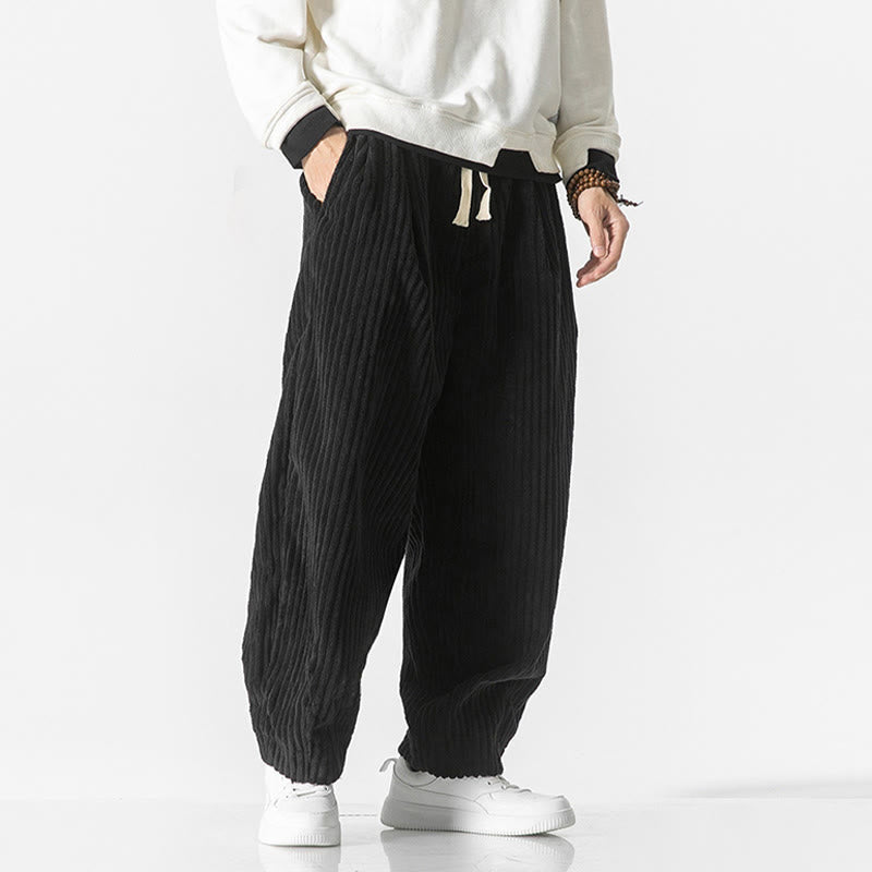 Nimara Ritual Retro Winter Solid Color Men's Drawstring Corduroy Harem Pants With Pockets