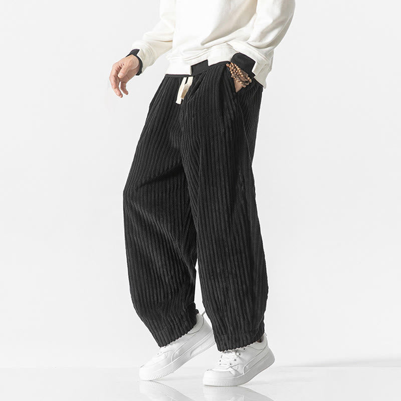 Nimara Ritual Retro Winter Solid Color Men's Drawstring Corduroy Harem Pants With Pockets