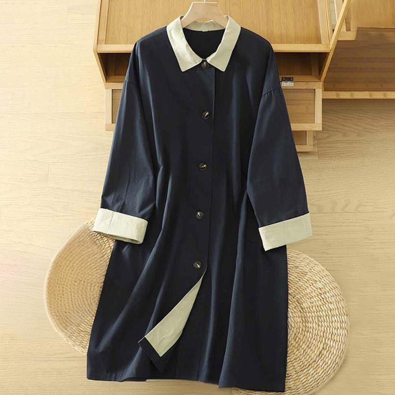 Nimara Ritual Fall Lapel Buttons Patchwork Design Women's Cotton Long Sleeve Coat With Pockets
