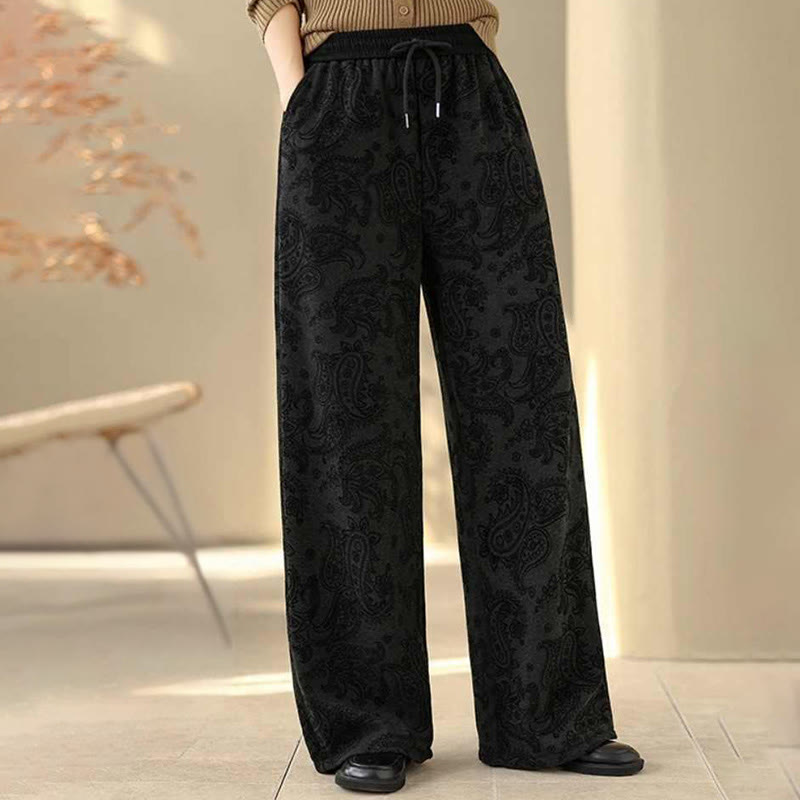 Nimara Ritual Jacquard Paisley Pattern Women's Wide Leg Thermal Fleece-Lined Cotton Pants With Pockets