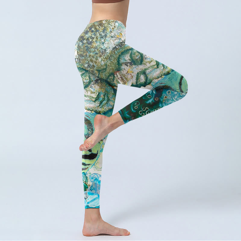 Nimara Ritual Om Symbol Human Figure Peacock Lotus Pattern Print Gym Leggings Women's Yoga Pants