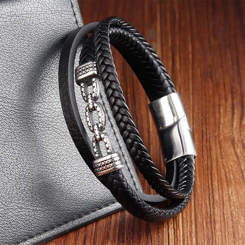 Nimara Ritual Handmade Chain Link Design Titanium Steel Leather Strengthen Bracelet