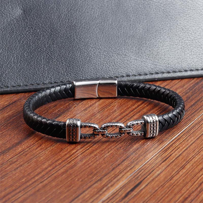 Nimara Ritual Handmade Chain Link Design Titanium Steel Leather Strengthen Bracelet