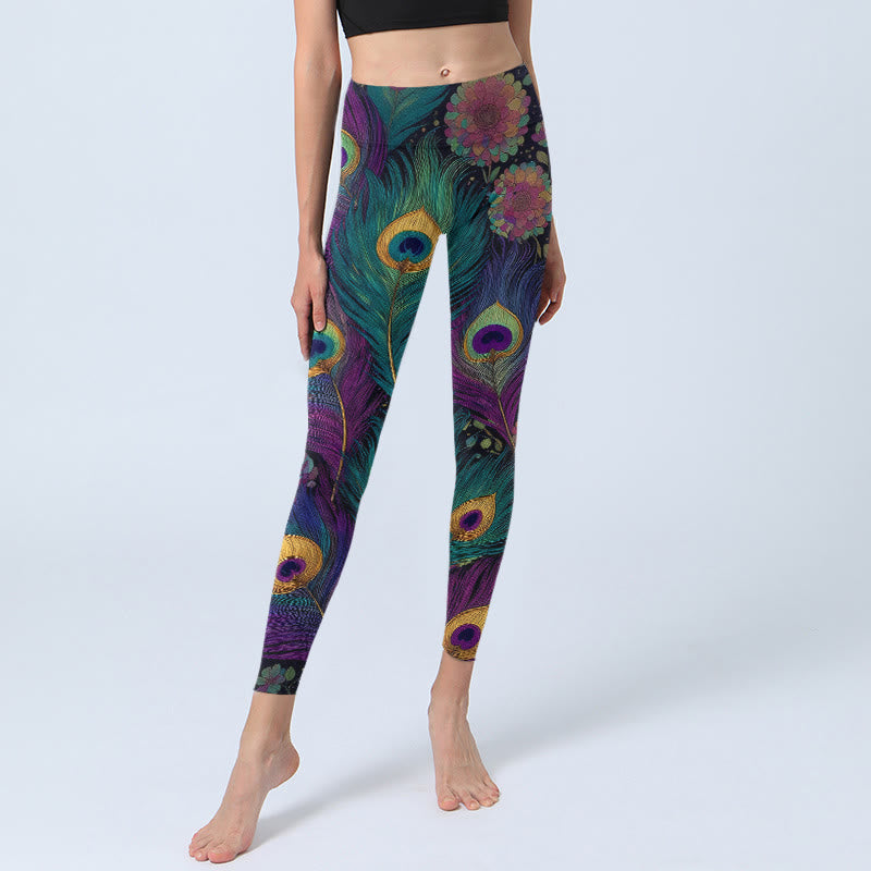 Nimara Ritual Gorgeous Peacock Feather Flower Pattern Print Gym Leggings Women's Yoga Pants