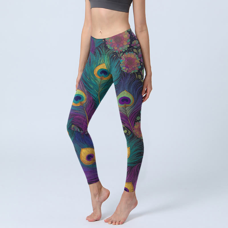 Nimara Ritual Gorgeous Peacock Feather Flower Pattern Print Gym Leggings Women's Yoga Pants
